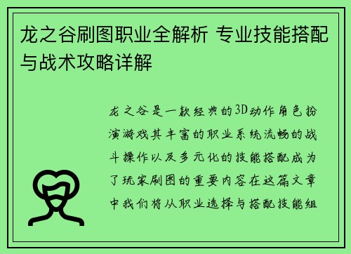 龙之谷刷图职业全解析 专业技能搭配与战术攻略详解